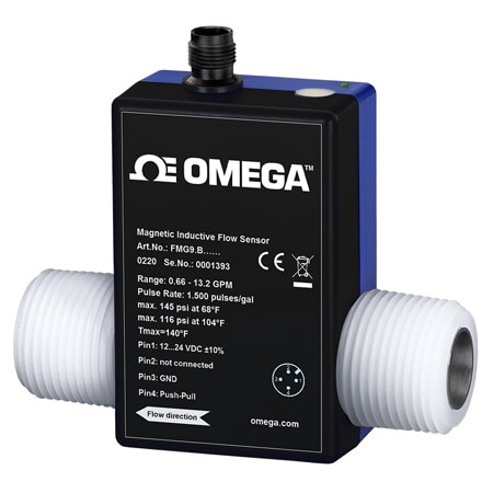 Omega FMG93B-SS-VO-NPT : Electromagnetic Flow Meter, Conductive Fluids, 0.026 GPM to 0.53 GPM, 3/8 ", NPTM, ± 0.7 %, 0.5 V to 10 V, SS, PVDF, EPDM, 12 Vdc to 24 Vdc, FMG90 Series, Each
