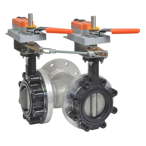 3-Way 4" Inch Butterfly Valve, Cv 600, Close-off Pressure 50 psid + (2x) Non-Spring Valve Actuator, 24VAC/DC, Programmable (2-10VDC Default) Control Signal, 5-Year Warranty
