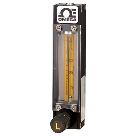 Omega FLDA3414G : Variable Area Flow Meter, Air, 0.25 LPM to 2.5 LPM, 200 psi, 1/8 " NPT Female, 121 ¡C (250 ¡F), ± 5 %, Direct Read, Aluminum, Glass, Buna, w/Valve, FLD Series, Each