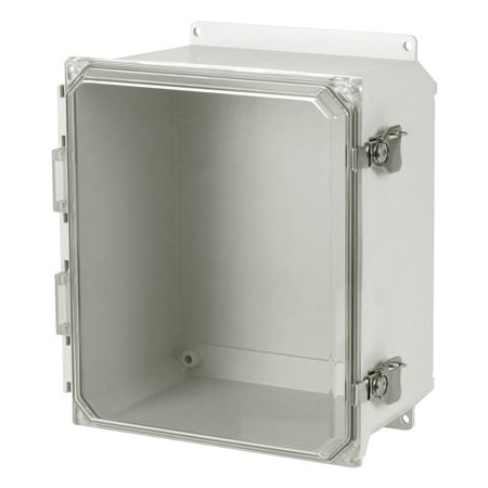 Omega OM-AMU1084LCCF : Non-Metallic Electrical Enclosure with Snap Latches, Fiberglass, 10 " (H) x 8 " (W) x 4 " (D), Clear PC Cover, Padlocking Latch Closure, Standard Window, OM-AMU Series, Each
