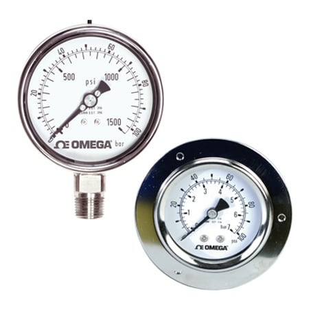 Omega PGM-63L-6000PSI/400BAR : Liquid Fillable Industrial Pressure Gauge, Stainless Steel 1/4 " NPT Male, 0 bar to 400 bar, ± 1.6 % Accuracy, > 0.25 % Class, 63 mm Dial, Bottom Mount, Dual Scale, PGM Series, Each