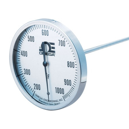 Omega B--10-110C-6-1/2 : Hermetically Sealed Thermometer, 5 " Dial, 1/2 " NPT, -10 ¡C to 110 ¡C, 1 ¡, 1 % of Full Scale, 0.25 " x 6 " Bi-metal Stem, SS, B Series with External Reset, Each