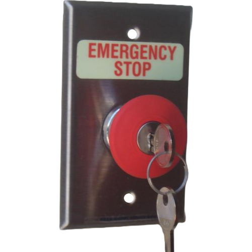 Pilla WPSKRES Emergency Stop : Wall Plate Operator Station, Red Maintained Key Release 40mm Mushroom with (2) Keys, Key Required to Reset Only, "Emergency Stop", NEMA 1 (Indoor) Rated, Fits 1-3 Contact Blocks, UL Listed