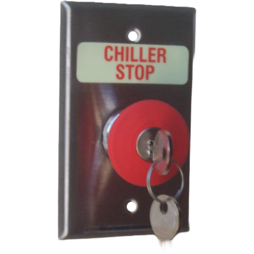 Pilla WPSKRSL Chiller Stop : Wall Plate Operator Station, Red Maintained Key Release 40mm Mushroom with (2) Keys, Key Required to Reset Only, "Chiller Stop", NEMA 1 (Indoor) Rated, Fits 1-3 Contact Blocks, UL Listed