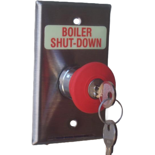 Pilla WPSKRSL Boiler Shut-Down : Wall Plate Operator Station, Red Maintained Key Release 40mm Mushroom with (2) Keys, Key Required to Reset Only, "Boiler Shut-Down", NEMA 1 (Indoor) Rated, Fits 1-3 Contact Blocks, UL Listed