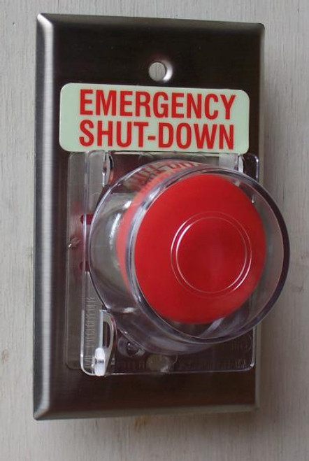 Pilla WPSMOCLMSL Emergency Shut-Down : Red Momentary 40mm Mushroomm with Clear Protective Cover PILCLM, "Emergency Shut-Down", NEMA 1 (Indoor) Rated