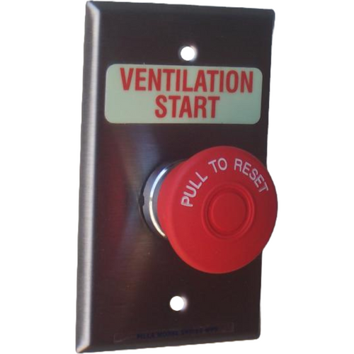 Pilla WPSMPSL Ventilation Start : Wall Plate Operator Station, Red Maintained "Pull to Reset" 40mm Red Mushroom Button, "Ventilation Start", NEMA 1 (Indoor) Rated, Fits 1-3 Contact Blocks, UL Listed