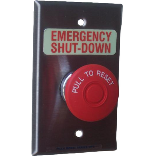 Pilla WPSMPSL Emergency Shut-Down : Wall Plate Operator Station, Red Maintained "Pull to Reset" 40mm Red Mushroom Button, "Emergency Shut-Down", NEMA 1 (Indoor) Rated, Fits 1-3 Contact Blocks, UL Listed