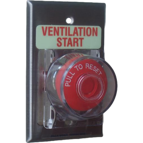 Pilla WPSMPCLMSL Ventilation Start : Wall Plate Operator Station, Red Maintained "Pull to Reset" 40mm Red Mushroom Button, One Clear Hinged Lockout Lid, "Ventilation Start", NEMA 1 (Indoor) Rated, Fits 1-3 Contact Blocks, UL Listed