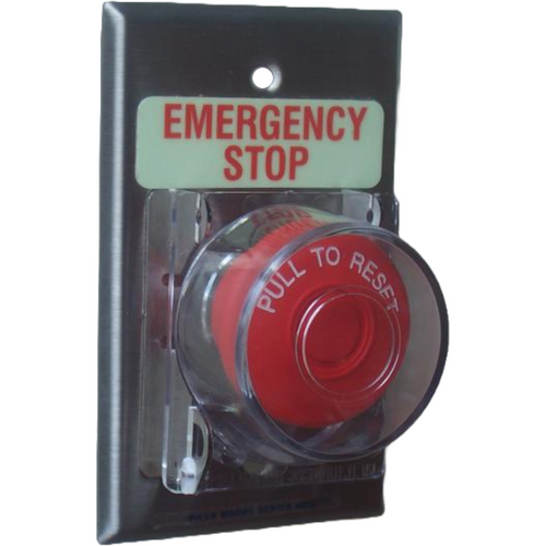 Pilla WPSMPCLMES Emergency Stop : Wall Plate Operator Station, Red Maintained "Pull to Reset" 40mm Red Mushroom Button, One Clear Hinged Lockout Lid, "Emergency Stop", NEMA 1 (Indoor) Rated, Fits 1-3 Contact Blocks, UL Listed