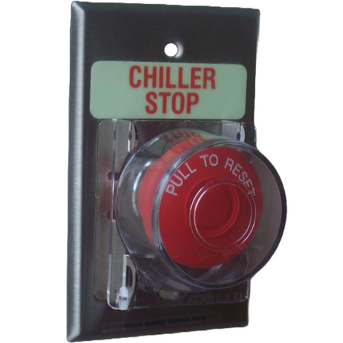 Pilla WPSMPCLMSL Chiller Stop : Wall Plate Operator Station, Red Maintained "Pull to Reset" 40mm Red Mushroom Button, One Clear Hinged Lockout Lid, "Chiller Stop", NEMA 1 (Indoor) Rated, Fits 1-3 Contact Blocks, UL Listed