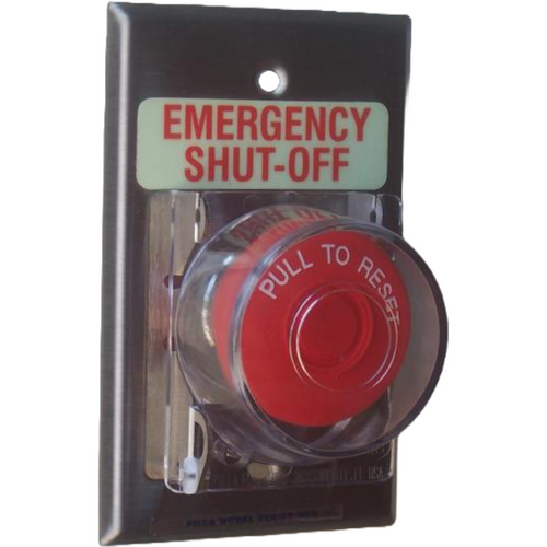 Pilla WPSMPCLMSO Emergency Shut-Off : Wall Plate Operator Station, Red Maintained "Pull to Reset" 40mm Red Mushroom Button, One Clear Hinged Lockout Lid, "Emergency Shut-Off", NEMA 1 (Indoor) Rated, Fits 1-3 Contact Blocks, UL Listed