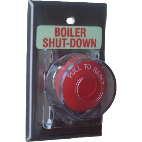 Pilla WPSMPCLMSL Boiler Shut-Down : Wall Plate Operator Station, Red Maintained "Pull to Reset" 40mm Red Mushroom Button, One Clear Hinged Lockout Lid, "Boiler Shut-Down", NEMA 1 (Indoor) Rated, Fits 1-3 Contact Blocks, UL Listed