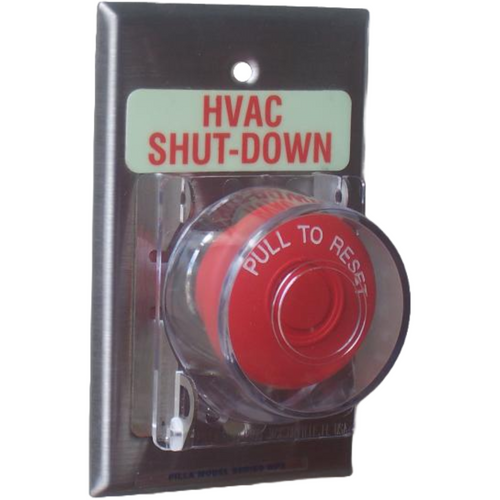 Pilla WPSMPCLMSL HVAC Shut-Down : Wall Plate Operator Station, Red Maintained "Pull to Reset" 40mm Red Mushroom Button, One Clear Hinged Lockout Lid, "HVAC Shut-Down", NEMA 1 (Indoor) Rated, Fits 1-3 Contact Blocks, UL Listed