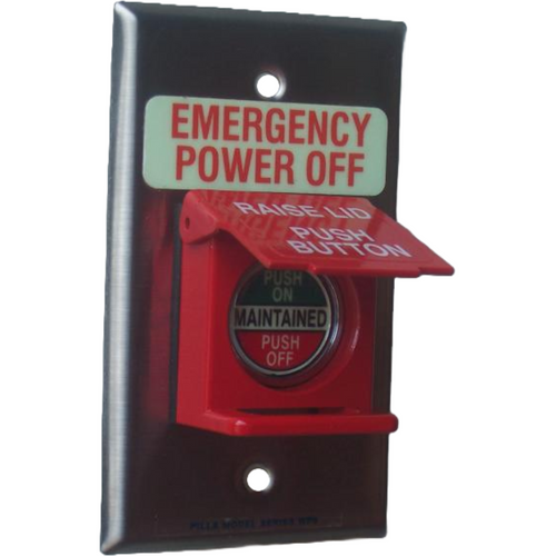 Pilla WPSRP2 Emergency Power-Off : Wall Plate Operator Station, Padlockable "Raise Lid Push Button", Red Maintained Round Push Button (PUSH ON-PUSH OFF), "Emergency Power-Off", NEMA 1 (Indoor) Rated, Fits 1-3 Contact Blocks, UL Listed