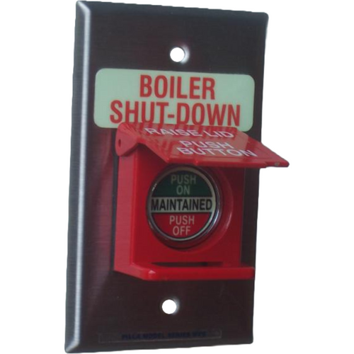 Pilla WPSRP2SL Boiler Shut-Down : Wall Plate Operator Station, Padlockable "Raise Lid Push Button", Red Maintained Round Push Button (PUSH ON-PUSH OFF), "Boiler Shut-Down", NEMA 1 (Indoor) Rated, Fits 1-3 Contact Blocks, UL Listed