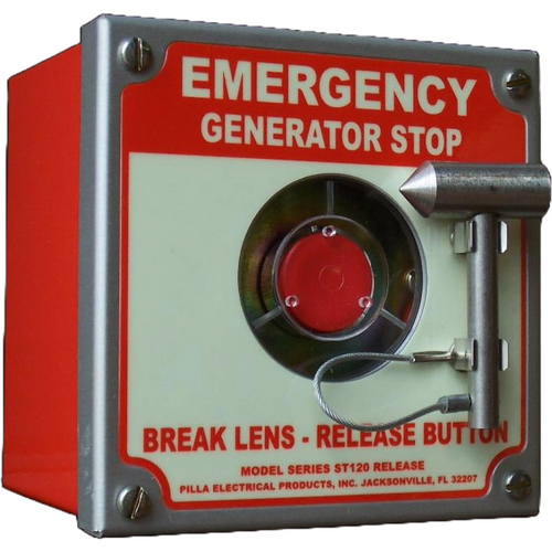 Pilla ST120SN1SL-Emergency Generator Stop : Emergency Break Glass Station, Legend: "Emergency Generator Stop", No Push Button - Auto Release When Glass Broken, Surface Mount Nema 1 Enclosure, Fits 1-6 Contact Blocks