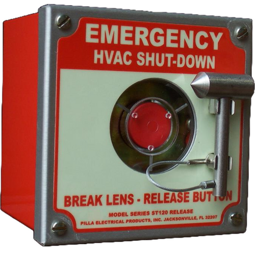 Pilla ST120SN1SL-Emergency HVAC Shut-Down : Emergency Break Glass Station, Legend: "Emergency HVAC Shut-Down", No Push Button - Auto Release When Glass Broken, Surface Mount Nema 1 Enclosure, Fits 1-6 Contact Blocks