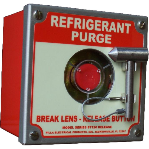 Pilla ST120SN1SL-Refrigerant Purge : Emergency Break Glass Station, Legend: "Refrigerant Purge", No Push Button - Auto Release When Glass Broken, Surface Mount Nema 1 Enclosure, Fits 1-6 Contact Blocks