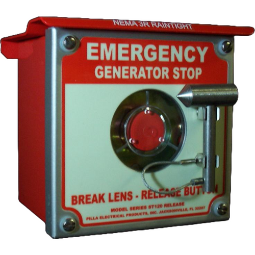 Pilla ST120SN3RSL-Emergency Generator Stop : Emergency Break Glass Station, Legend: "Emergency Generator Stop", No Push Button - Auto Release When Glass Broken, Surface Mount Nema 3R Enclosure, Fits 1-6 Contact Blocks