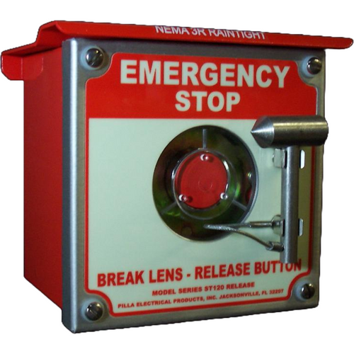 Pilla ST120SN3RSL-Emergency Stop : Emergency Break Glass Station, Legend: "Emergency Stop", No Push Button - Auto Release When Glass Broken, Surface Mount Nema 3R Enclosure, Fits 1-6 Contact Blocks
