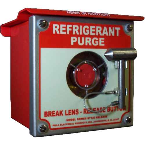 Pilla ST120SN3RSL-Refrigerant Purge : Emergency Break Glass Station, Legend: "Refrigerant Purge", No Push Button - Auto Release When Glass Broken, Surface Mount Nema 3R Enclosure, Fits 1-6 Contact Blocks