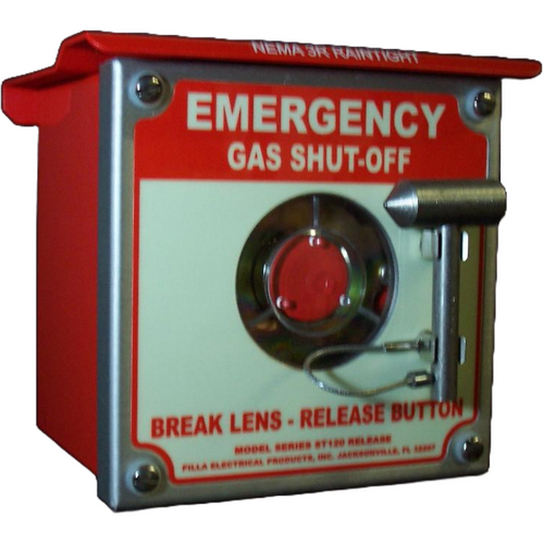 Pilla ST120SN3RSL-Emergency Gas Shut-Off : Emergency Break Glass Station, Legend: "Emergency Gas Shut-Off", No Push Button - Auto Release When Glass Broken, Surface Mount Nema 3R Enclosure, Fits 1-6 Contact Blocks