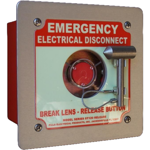 Pilla ST120FN1 : Emergency Break Glass Station, Legend: "Emergency Electrical Disconnect", No Push Button - Auto Release When Glass Broken, Flush Mount Nema 1 Enclosure, Fits 1-6 Contact Blocks