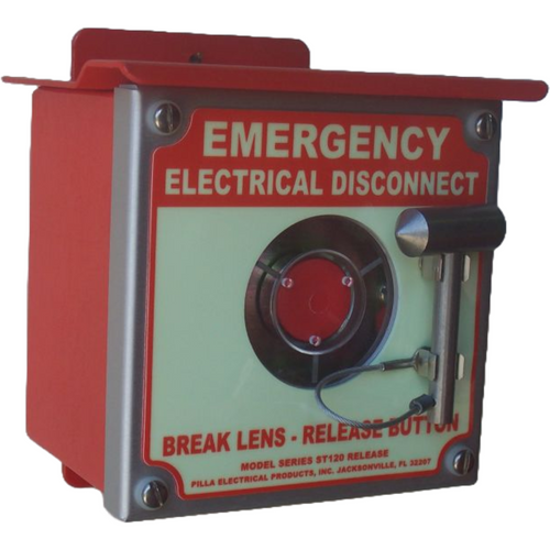 Pilla ST120SN4 : Emergency Break Glass Station, Legend: "Emergency Electrical Disconnect", No Push Button - Auto Release When Glass Broken, Surface Mount Nema NEMA 4&12 Enclosure, Fits 1-6 Contact Blocks