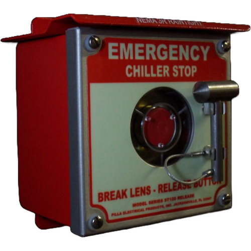 Pilla ST120SN4SL-Emergency Chiller Stop : Emergency Break Glass Station, Legend: "Emergency Chiller Stop", No Push Button - Auto Release When Glass Broken, Surface Mount Nema NEMA 4&12 Enclosure, Fits 1-6 Contact Blocks