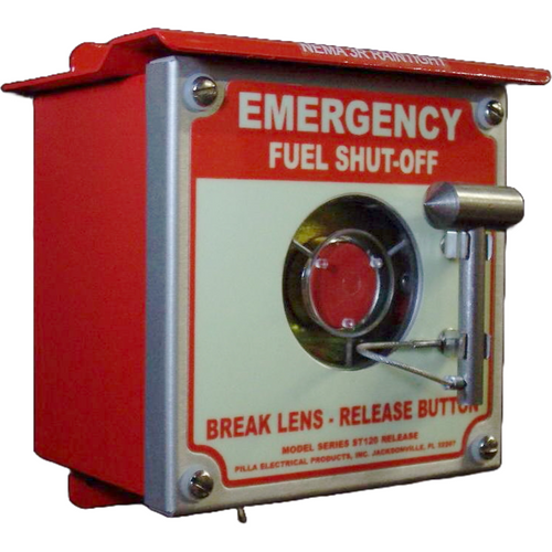 Pilla ST120SN4SL-Emergency Fuel Shut-Off : Emergency Break Glass Station, Legend: "Emergency Fuel Shut-Off", No Push Button - Auto Release When Glass Broken, Surface Mount Nema NEMA 4&12 Enclosure, Fits 1-6 Contact Blocks