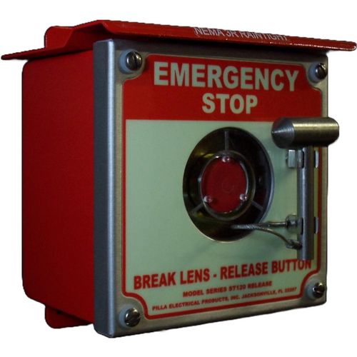 Pilla ST120SN4SL-Emergency Stop : Emergency Break Glass Station, Legend: "Emergency Stop", No Push Button - Auto Release When Glass Broken, Surface Mount Nema NEMA 4&12 Enclosure, Fits 1-6 Contact Blocks