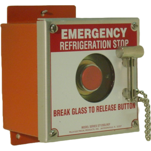 Pilla ST120SN4SL-Emergency Refrigeration Stop : Emergency Break Glass Station, Legend: "Emergency Refrigeration Stop", No Push Button - Auto Release When Glass Broken, Surface Mount Nema NEMA 4&12 Enclosure, Fits 1-6 Contact Blocks