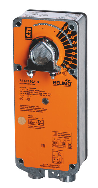 Belimo FSAF120A-S : Fail-Safe Fire & Smoke Actuator, 180 in-lb, 120VAC, On/Off Control Signal, (2) SPDT 3A @250V Aux Switch, 5-Year Warranty