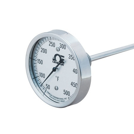 Omega A-50-500F-4-1/4 : Hermetically Sealed Thermometer, 3 " Dial, 1/4 " NPT, 50 ¡F to 500 ¡F, 5 ¡, 1 % of Full Scale, 0.25 " x 4 " Bi-metal Stem, SS, A Series with External Reset, Each