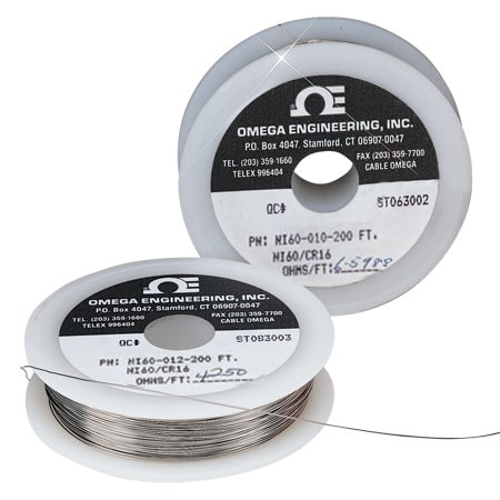 Omega NI60-020-60M : Resistance Heating Wire, 0.51 mm (0.0201 "), 60 m, 60 % Nickel/16 % Chromium, 1000 ¡C (1850 ¡F), 0.298 lb/in_ Density, 1.671 Ohm/ft @ 20 ¡C (68 ¡F), NI60 Series, Spool