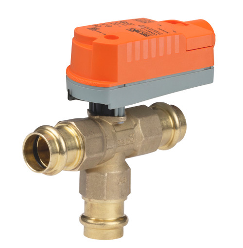 Belimo Z3075QPF-J+CQKB24-LL : 3-Way 3/4" Press Fit ZoneTight (QCV) Zone Valve, Cv 4.6, Electronic Fail-Safe Actuator, 24VAC/DC, On/Off Control, Fail Position 100% Open, 5-Year Warranty