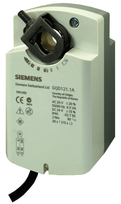 Siemens GQD136.1P : Electronic Spring Return Rotary Damper Actuator, 20 in-lb. Torque, 15 Sec/30 Sec. At 50/60 Hz, 2-Position (Open/Closed), 120VAC, Dual Auxiliary Switches, Plenum Cable