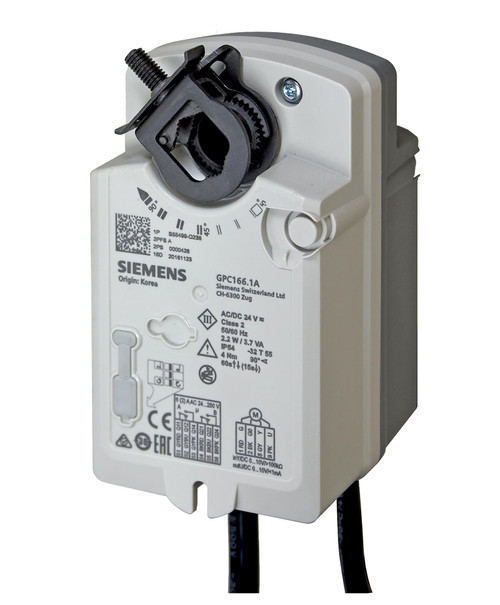 Siemens GPC136.1P : Electronic Damper Actuator Spring Return, 35 in-lb. Torque, 60 Sec. At 50/60 Hz, Floating, 24 VAC/DC, Plenum Cable, Dual Auxiliary Switches