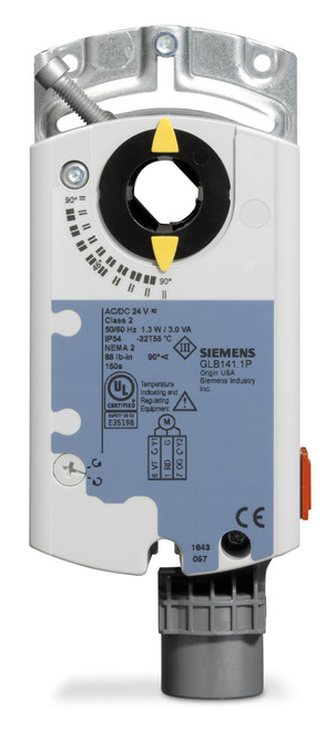 Siemens GLB146.1P : Electronic Damper Actuator Non-Spring Return, 88 in-lb. Torque, 150(125) Sec. At 50/60 Hz, 24VAC/DC, 2pt (On/Off), 3pt (Floating), Auxiliary Switches, Plenum Rated