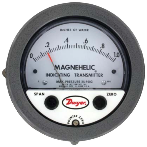Dwyer 605-1: Magnehelic Differential Pressure Indicating Transmitter, 0-1.0 in WC, Unidirectional, 4-20 mA 2-Wire Output, 4-Inch Analog Dial, +/-2% FS Electrical Accuracy