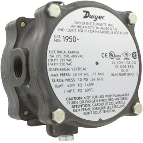 Dwyer 1950G-00-B-24-NA Explosion-Proof Differential Pressure Switch, 0.07-0.15 in WC, 24 VDC, SPDT, UL/CSA/FM Class I Div 1