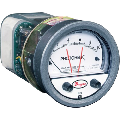 Dwyer A3000-00 : Series A3000 Photohelic Differential Pressure Switch/Gage, 0-0.25 in W.C. Standard, Dual DPDT Setpoint Switches, 4 in Dial Face, +/-4% FS Accuracy, Standard 25 psig, CE/CSA/UL Listed