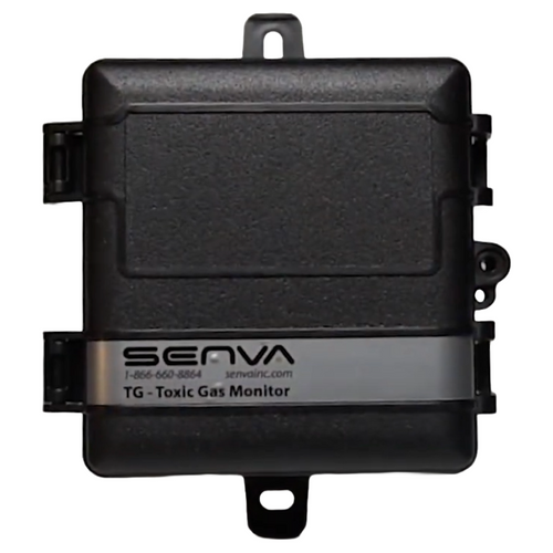 An image of the Senva TGW-B3X-AS wall-mounted refrigerant sensor/controller displaying its compatibility with multiple gases (R134A, R407C, R404A, R22, R123). The device features an LCD display for easy monitoring and supports communication via BACnet MS/TP, Modbus RTU, and Modbus ASCII. Encased in a robust solid/opaque enclosure, this product comes with a 7-year warranty.