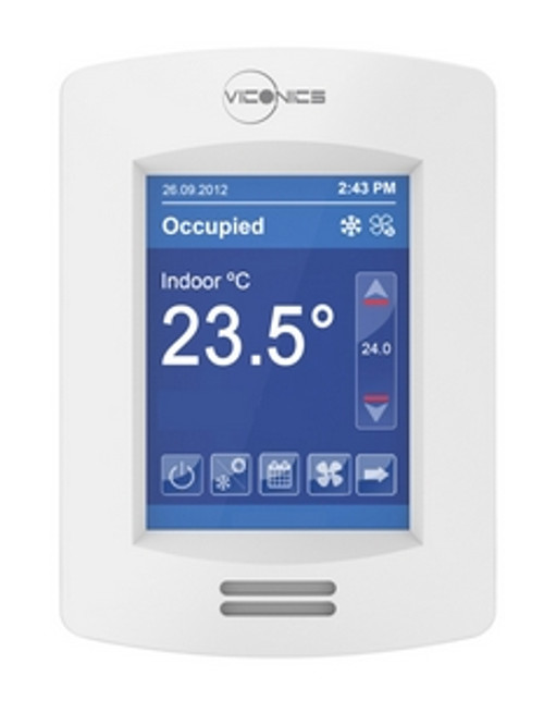 Viconics VTR8350A5000B : Line-Voltage Fan Coil Room Controller: BACnet MS/TP, RH sensor & control, White Case/Fascia