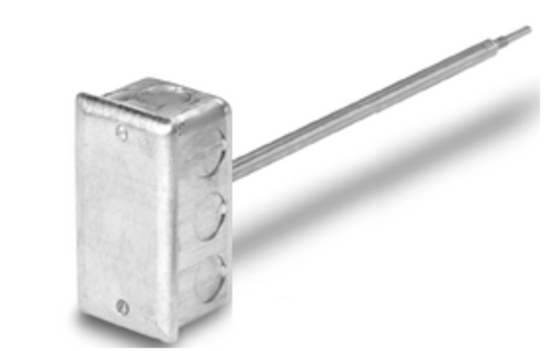 Siemens QAM2020.045 : Rigid Probe Duct Temperature Sensor, 1k Nickel @ 32F RTD (Siemens), 18" Probe, Measuring Range : -40 to 180F, 2 _ 4 inch electrical conduit box