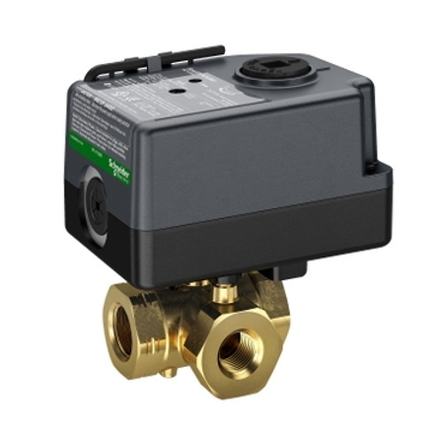Schneider Electric VBB3N07+M210A00 : 3-Way 1/2" Characterized Ball Valve, Cv Rating 10, Chrome Plated Brass Trim, Spring Return Normally Open (NO) Valve Actuator, 24VAC, 2-Position Open/Close Control Signal, Terminal Block