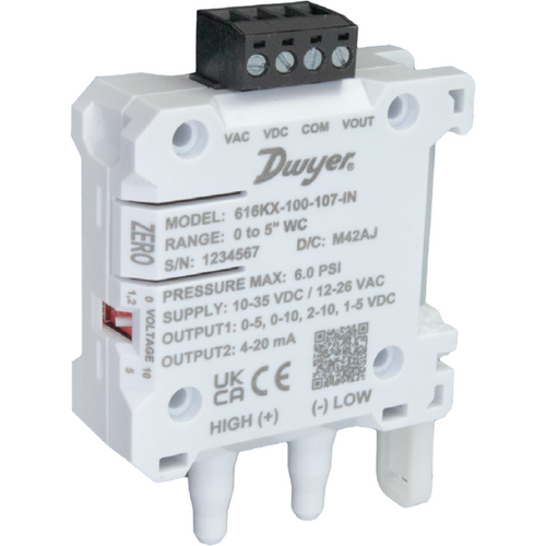 Dwyer 616KX-200-105-IN Series 616KX Compact Differential Pressure Transmitter, 0 to 2 in WC (500 Pa / 50 mm WC) Unidirectional, +/-2.0% FSO Accuracy, 4-20mA + Selectable Voltage Output, DIN Rail or Screw Mount, NEMA 1 IP20