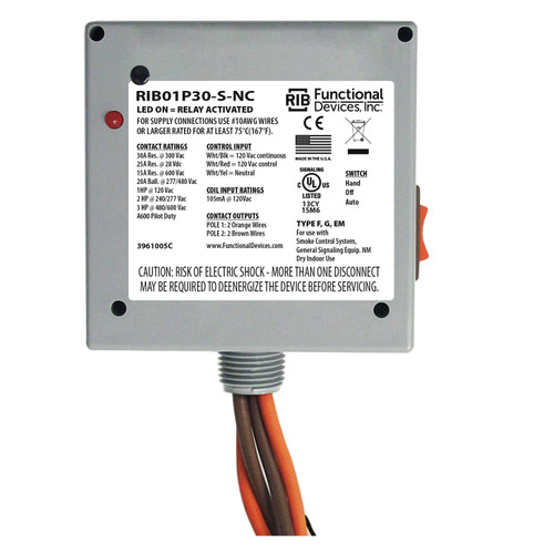 Functional Devices RIB01P30-S-NC : Enclosed Power Relay, 30 Amp Contact Rating, Relay Contact Type: DPST-N/C + Coil Side Override, 120 Vac Coil Voltage, NEMA 1 Housing