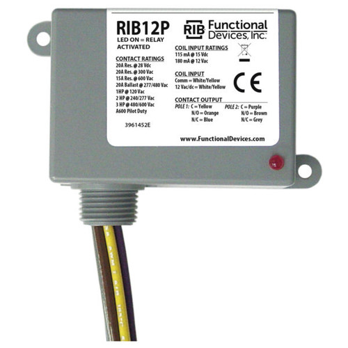 Functional Devices RIB12P : Enclosed Power Relay, 20 Amp Contact Rating, Relay Contact Type: DPDT, 12 Vac/dc Coil Voltage, NEMA 1 Housing